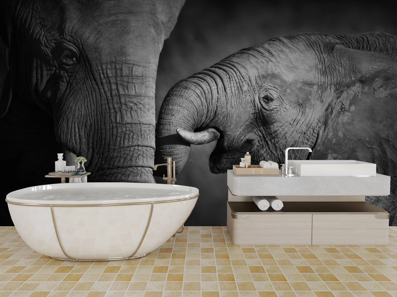 Fotobehang baby olifant en moeder zijn wit en zwart