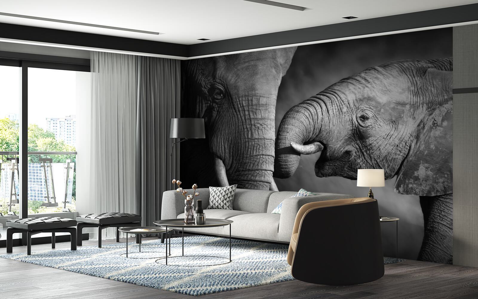 Fotobehang baby olifant en moeder zijn wit en zwart