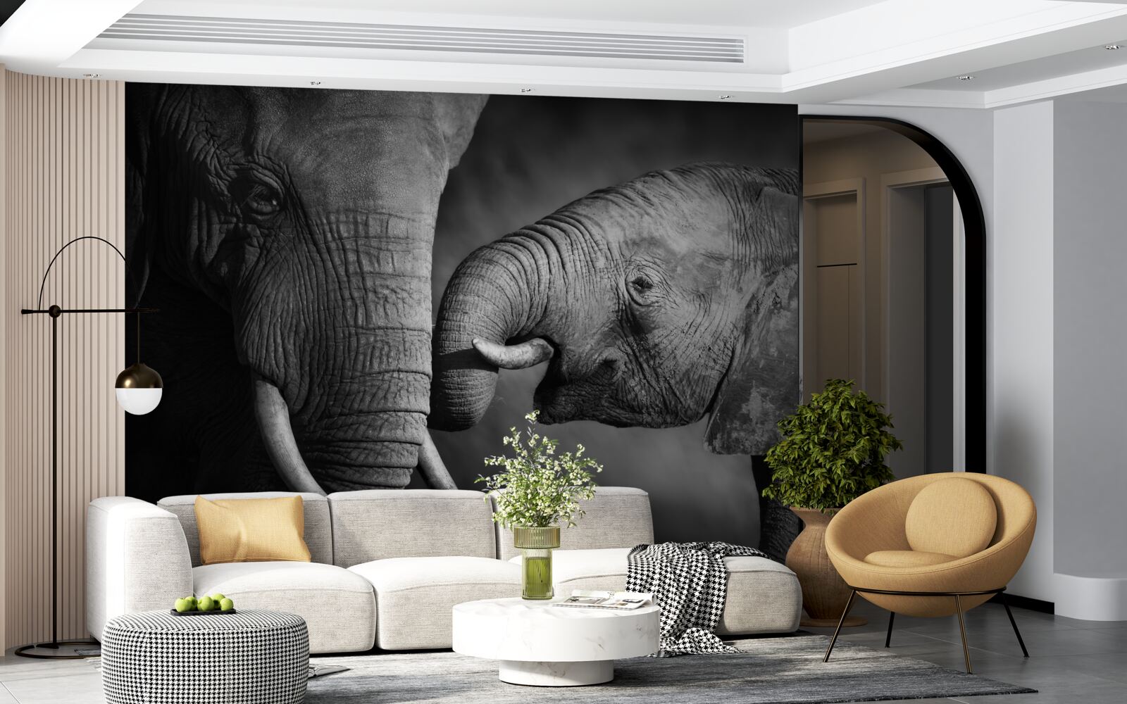 Fotobehang baby olifant en moeder zijn wit en zwart