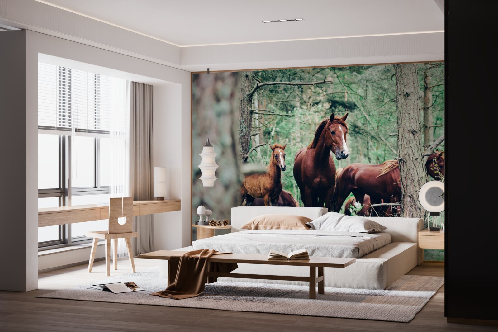 Fotobehang paarden lopen in het bos in de lente