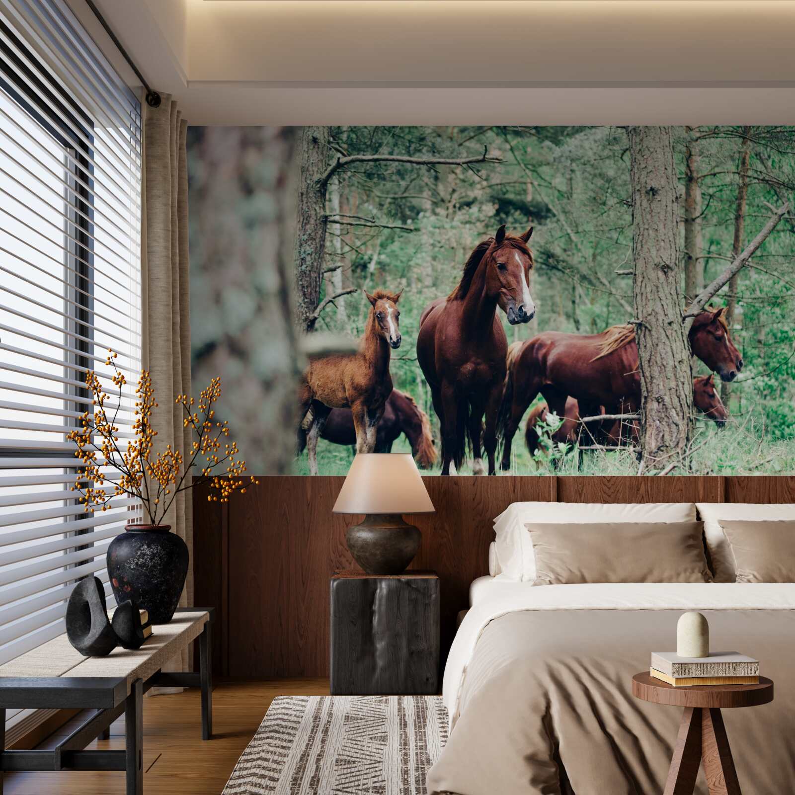 Fotobehang paarden lopen in het bos in de lente