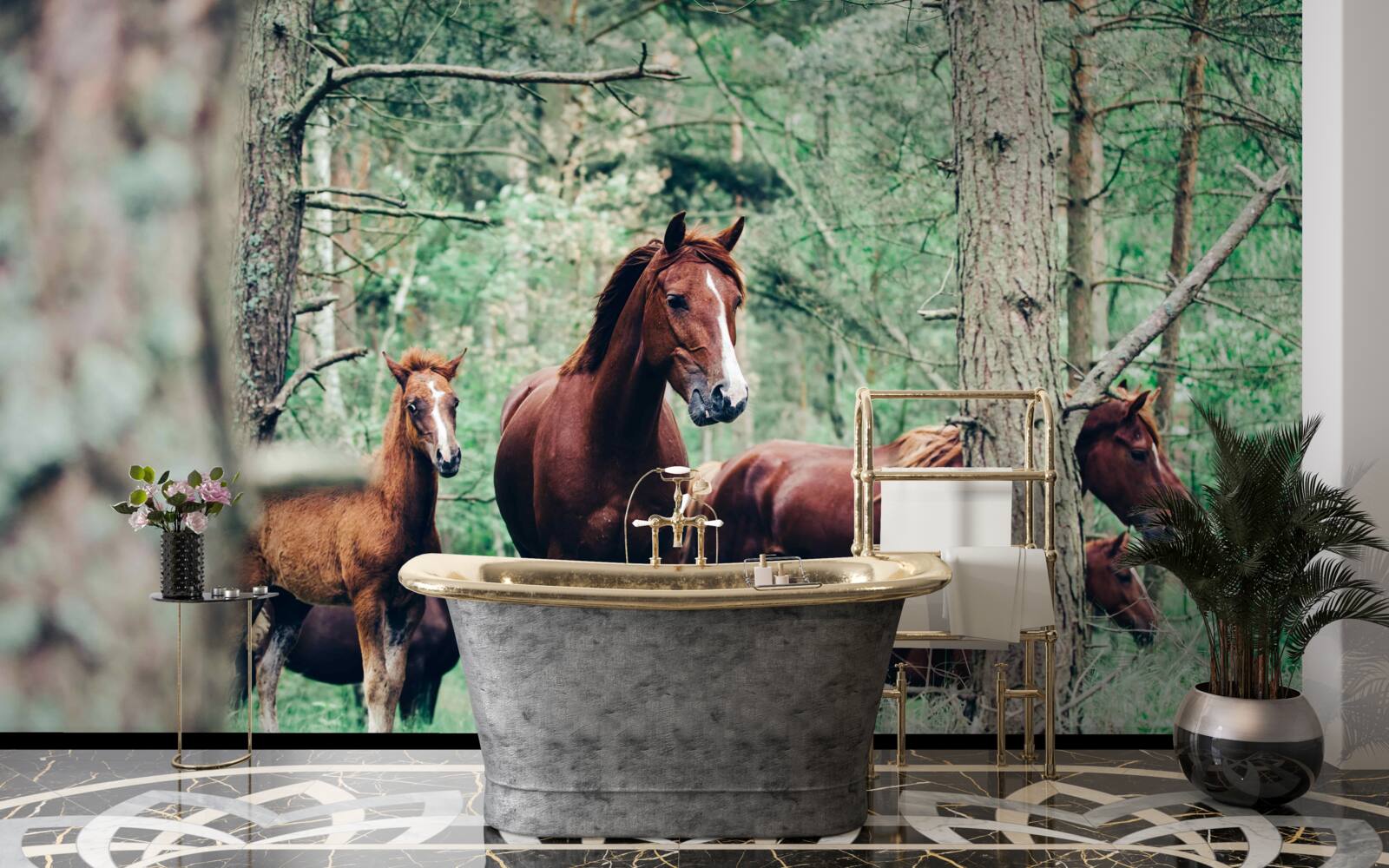Fotobehang paarden lopen in het bos in de lente