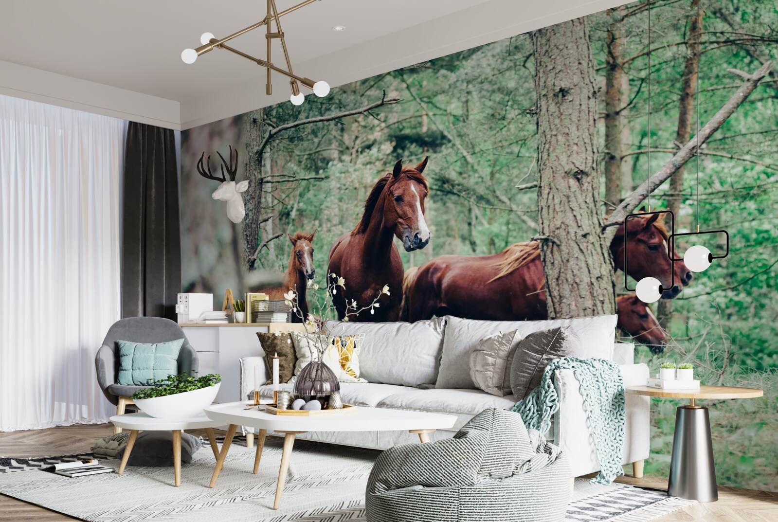 Fotobehang paarden lopen in het bos in de lente