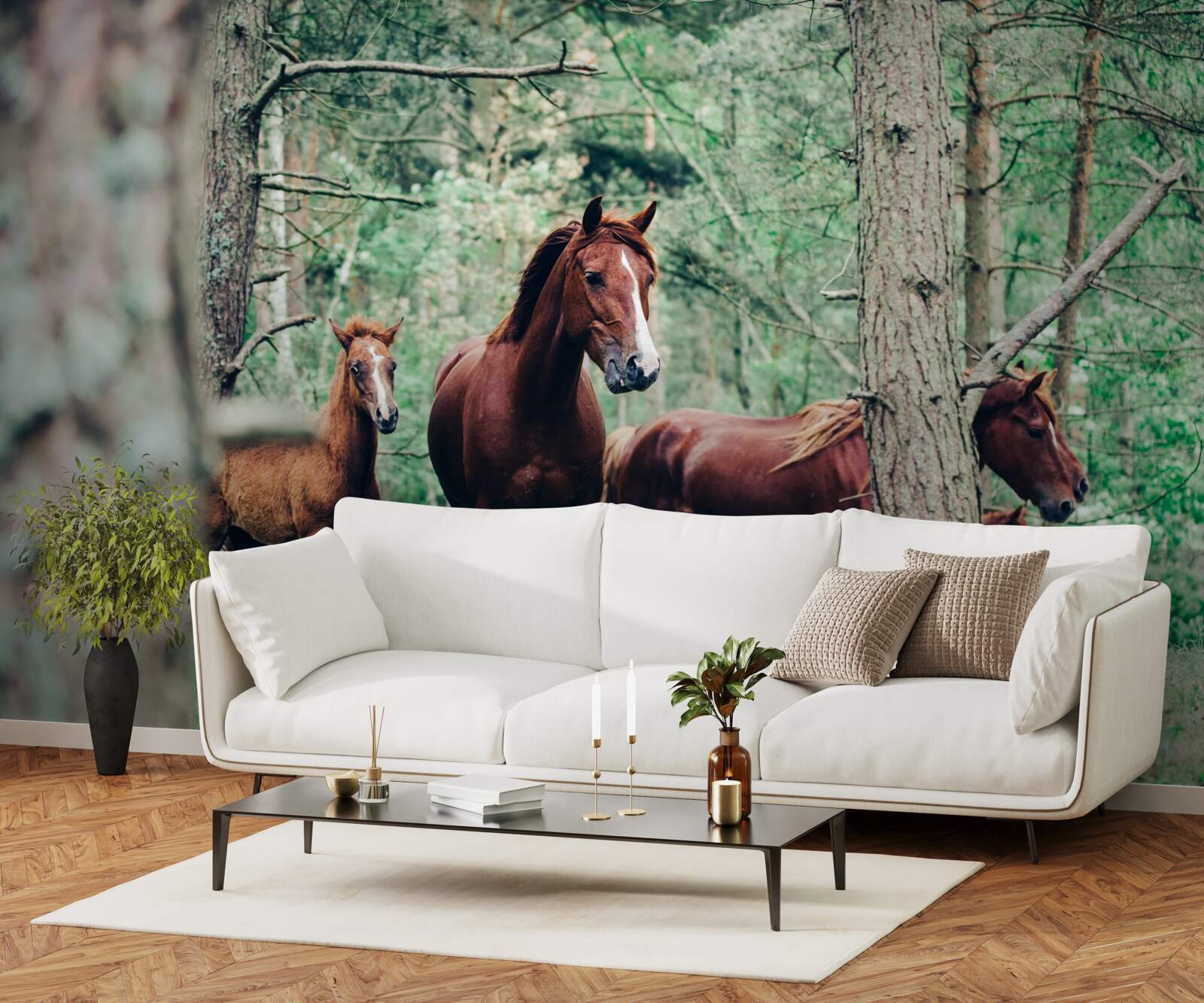 Fotobehang paarden lopen in het bos in de lente