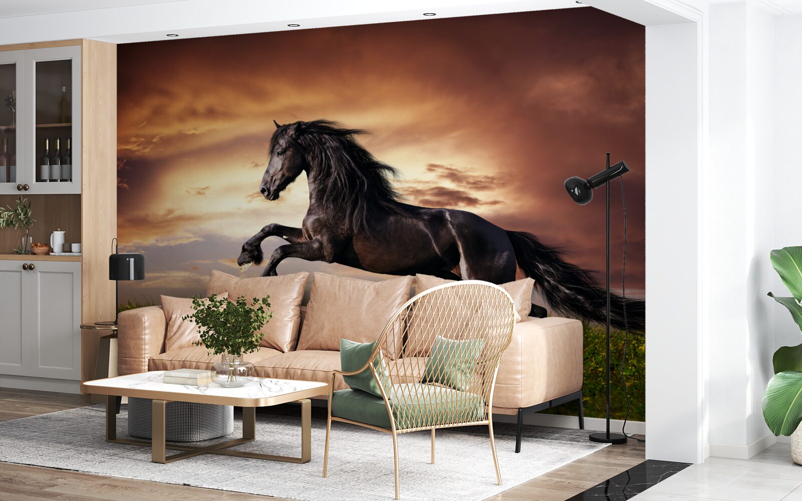 Fotobehang sterk paard springt op groen gras