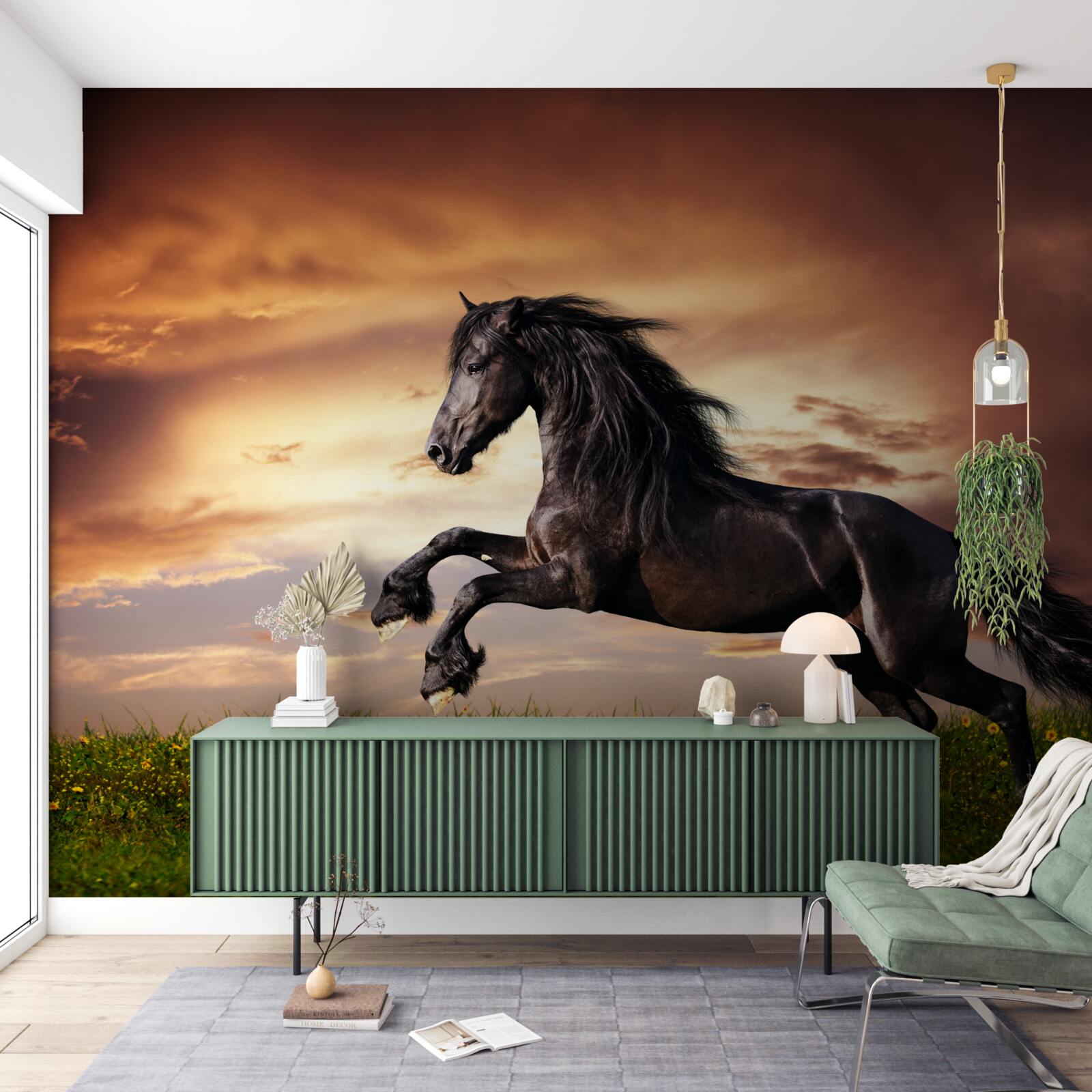 Fotobehang sterk paard springt op groen gras