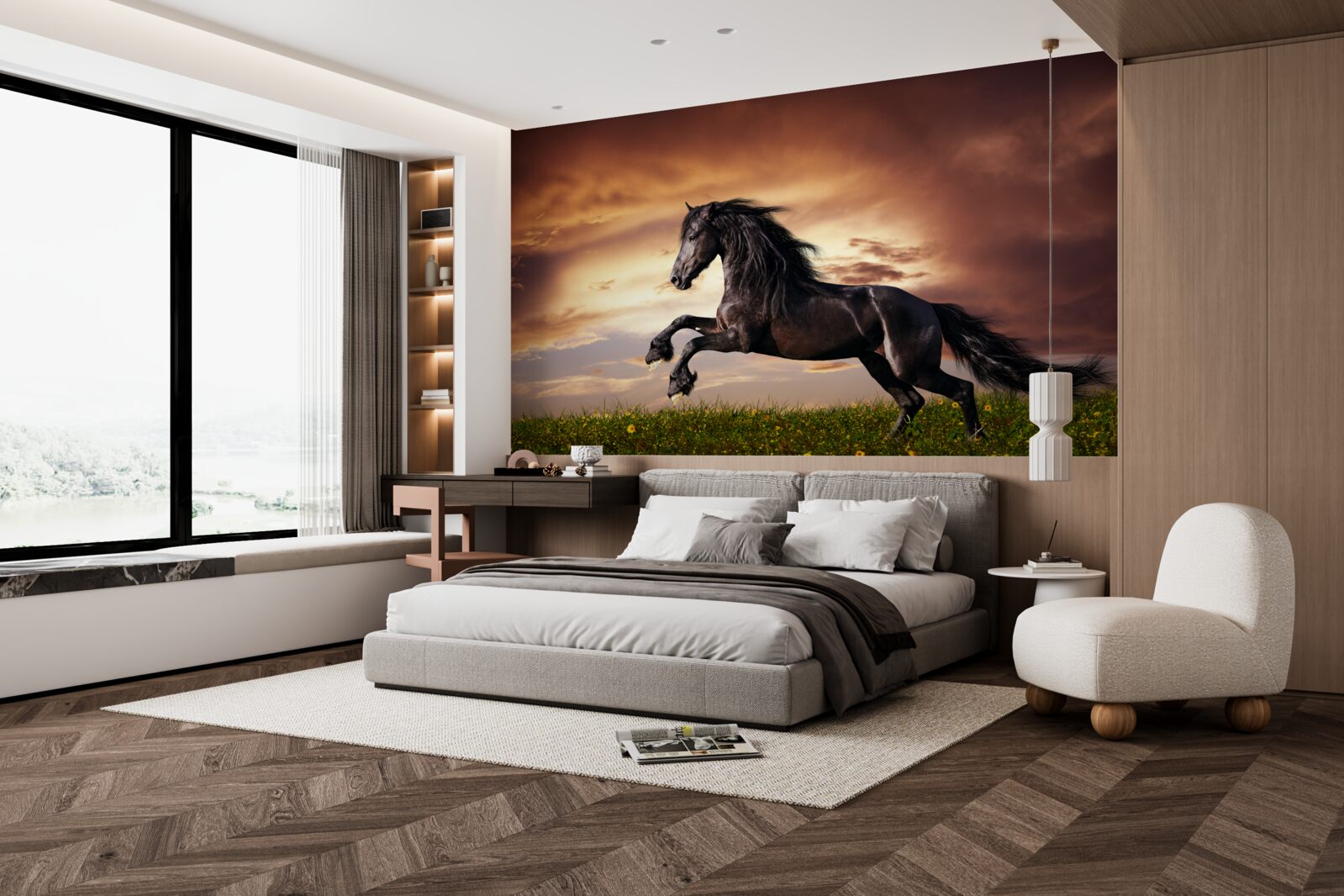 Fotobehang sterk paard springt op groen gras