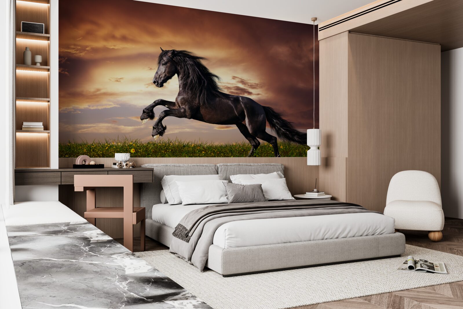 Fotobehang sterk paard springt op groen gras