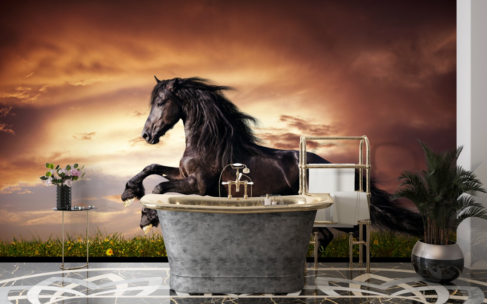 Fotobehang sterk paard springt op groen gras