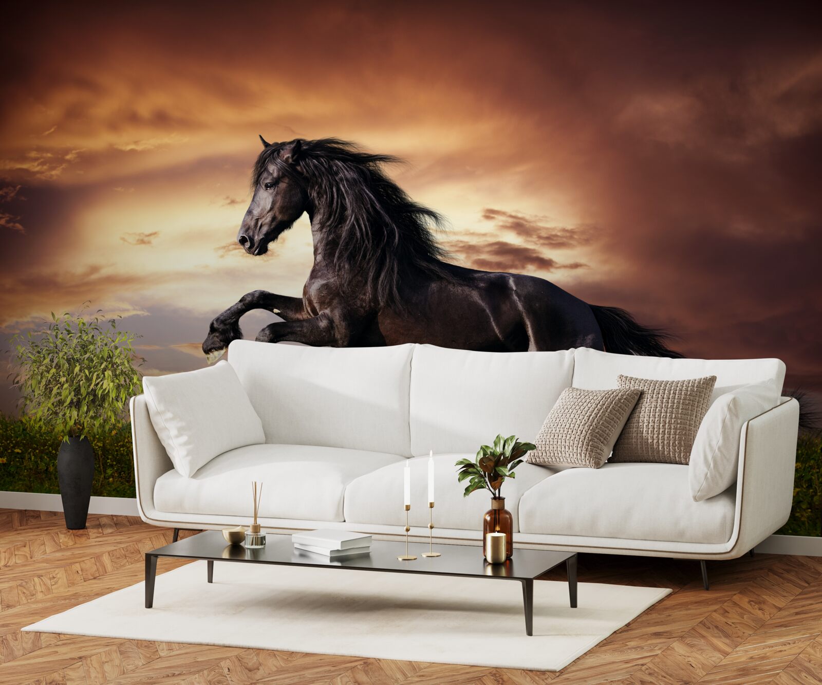 Fotobehang sterk paard springt op groen gras