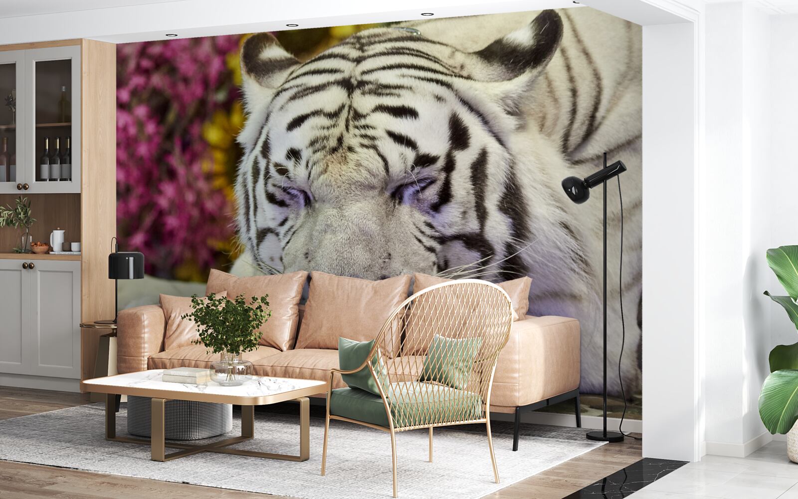 Fotobehang een witte tijger rust tussen de bloemen