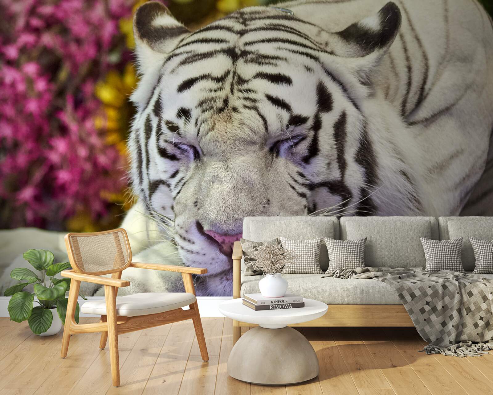 Fotobehang een witte tijger rust tussen de bloemen