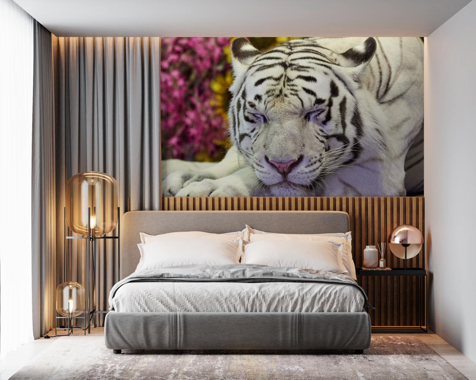 Fotobehang een witte tijger rust tussen de bloemen