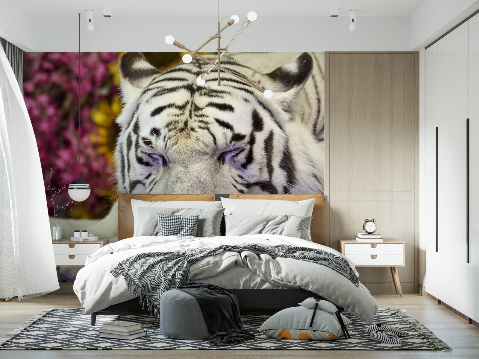 Fotobehang een witte tijger rust tussen de bloemen