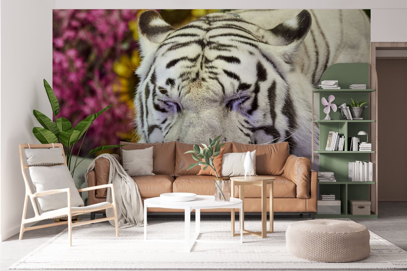 Fotobehang een witte tijger rust tussen de bloemen