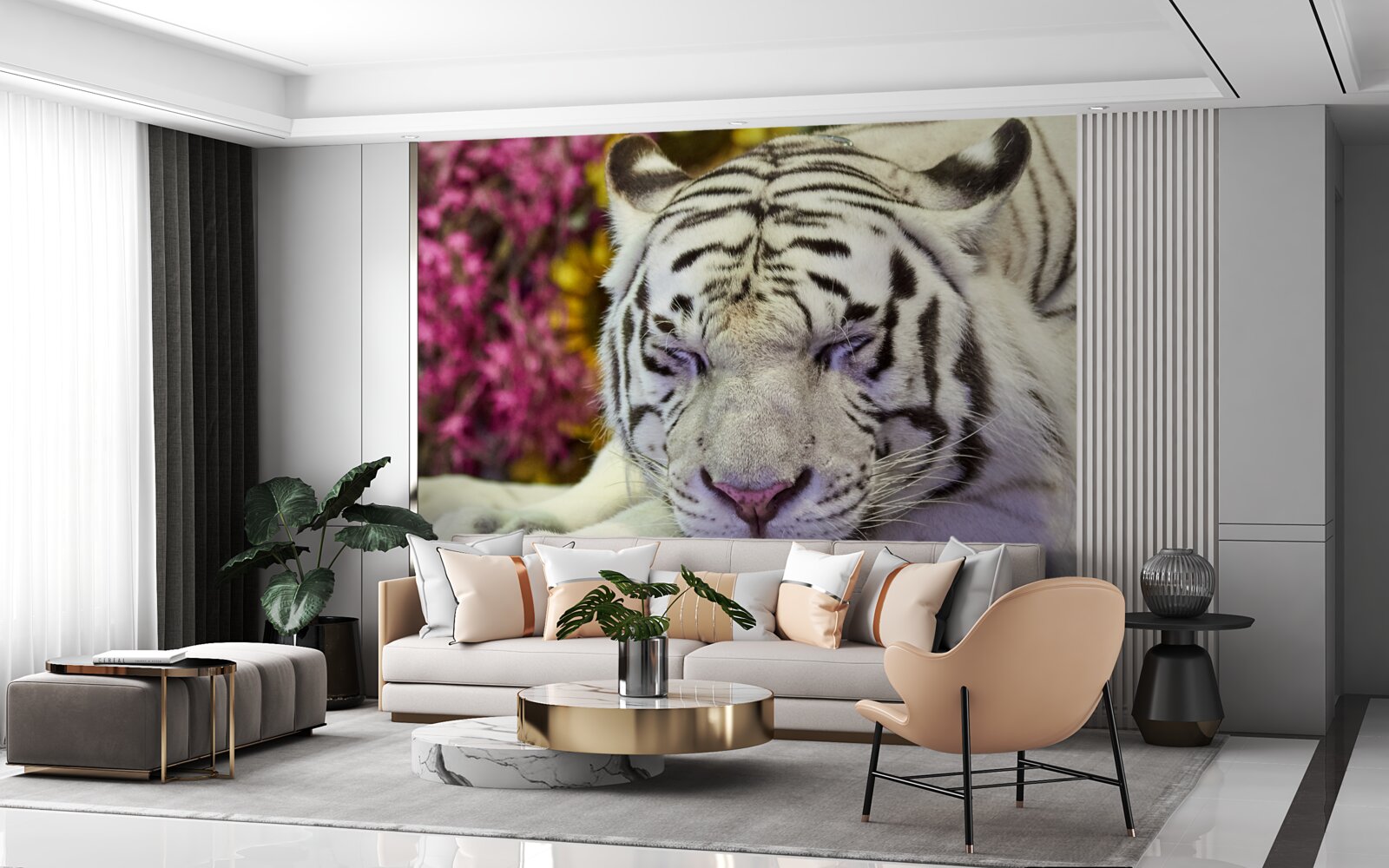 Fotobehang een witte tijger rust tussen de bloemen