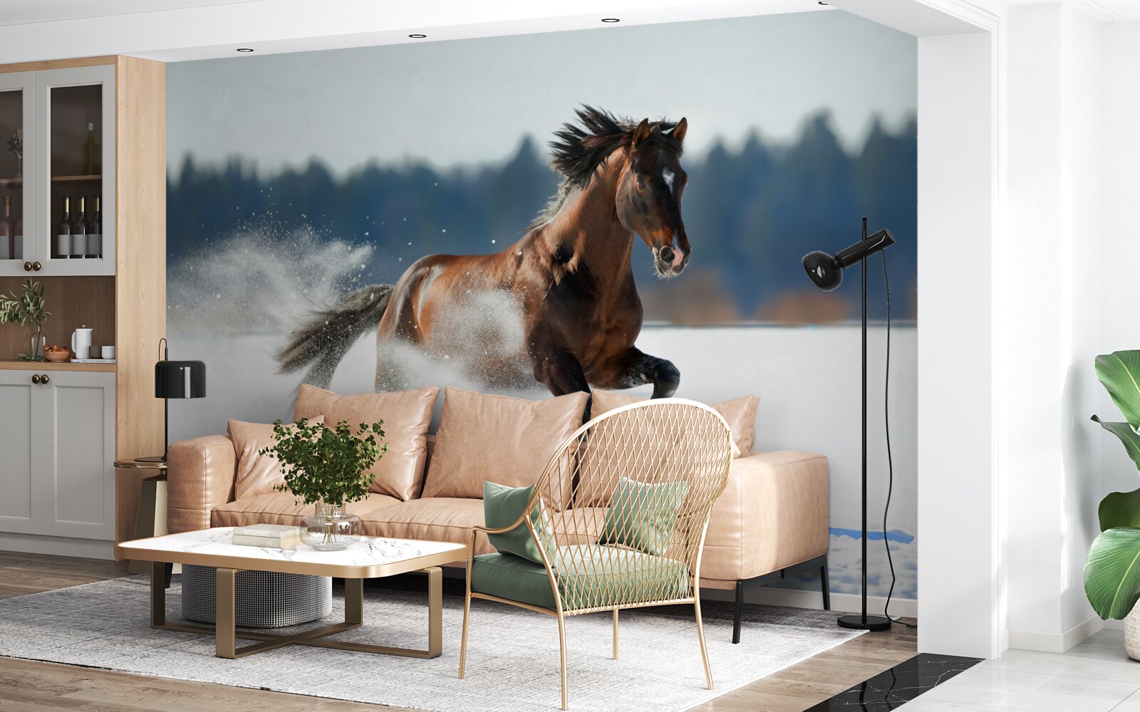 Fotobehang een paard galoppeert door de sneeuw