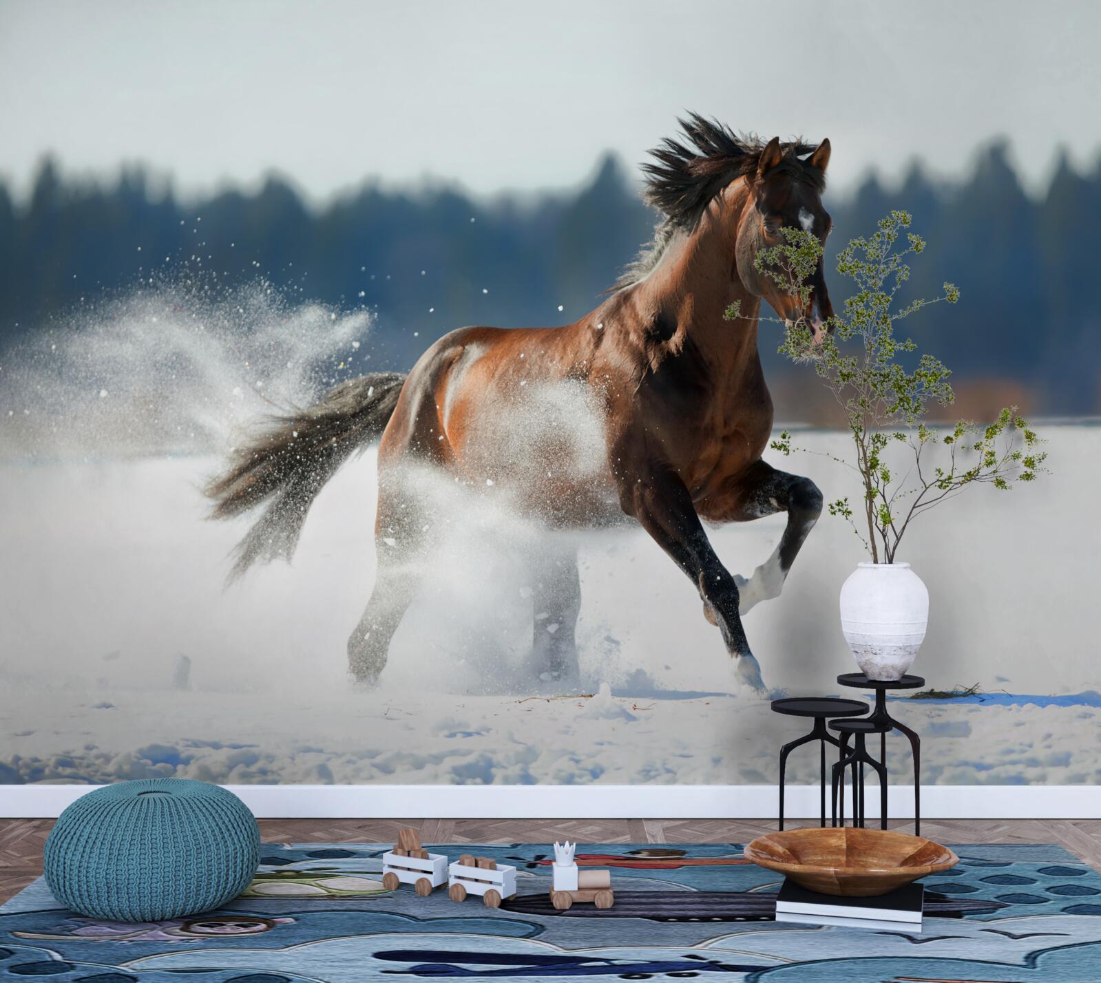 Fotobehang een paard galoppeert door de sneeuw