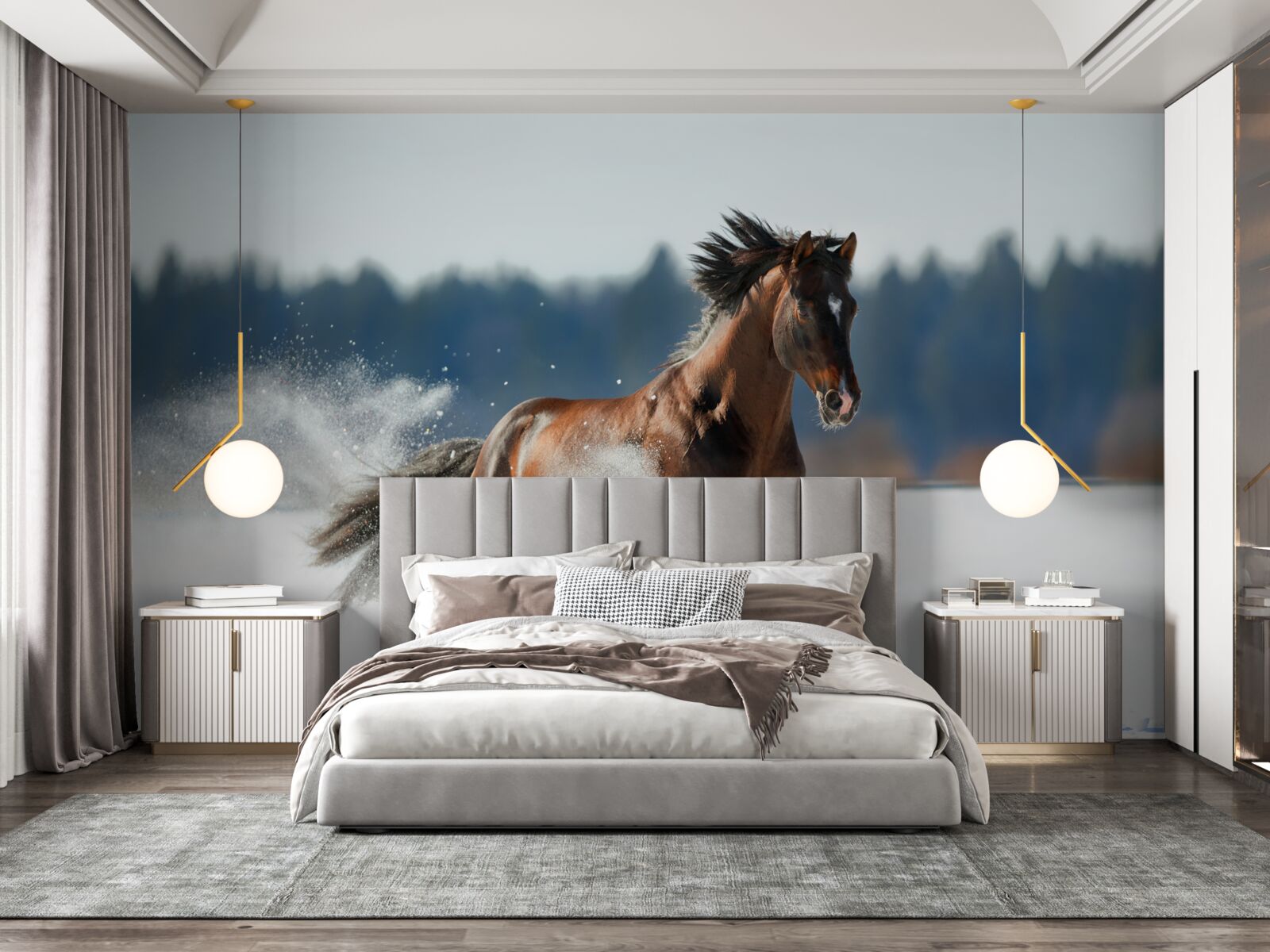 Fotobehang een paard galoppeert door de sneeuw