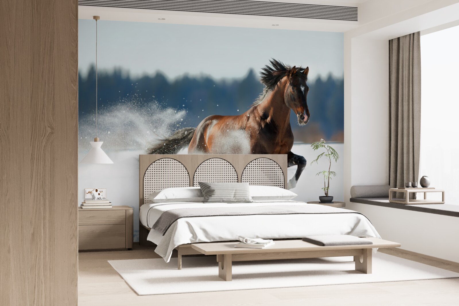 Fotobehang een paard galoppeert door de sneeuw