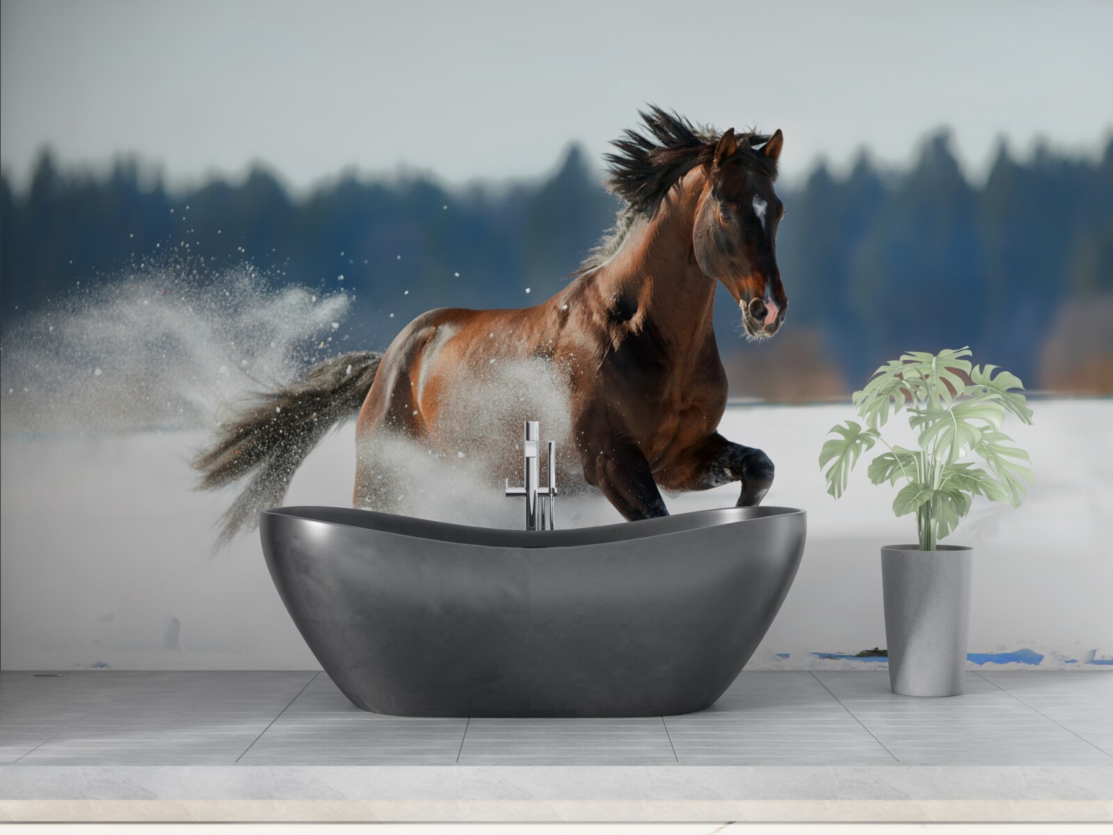 Fotobehang een paard galoppeert door de sneeuw