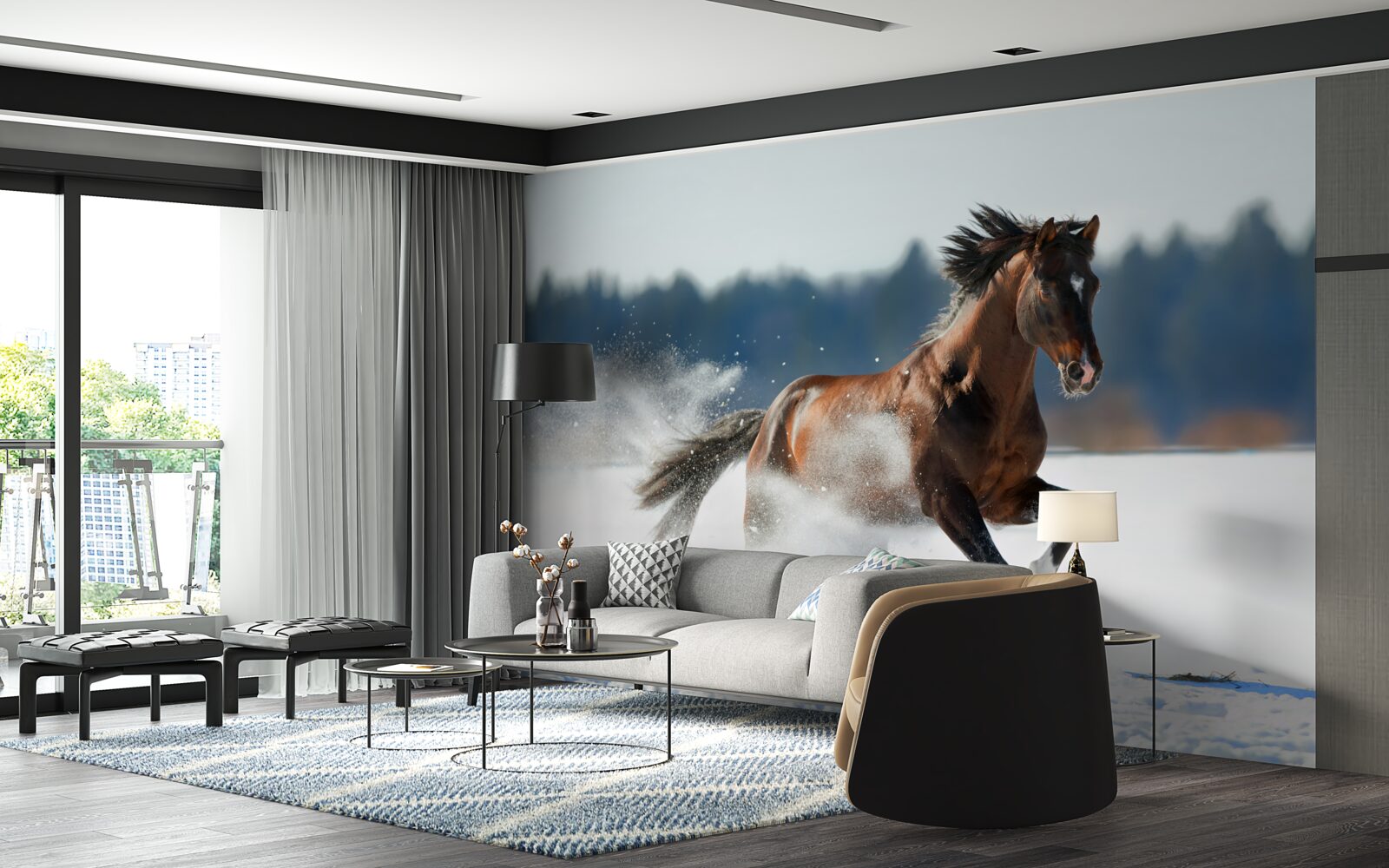 Fotobehang een paard galoppeert door de sneeuw