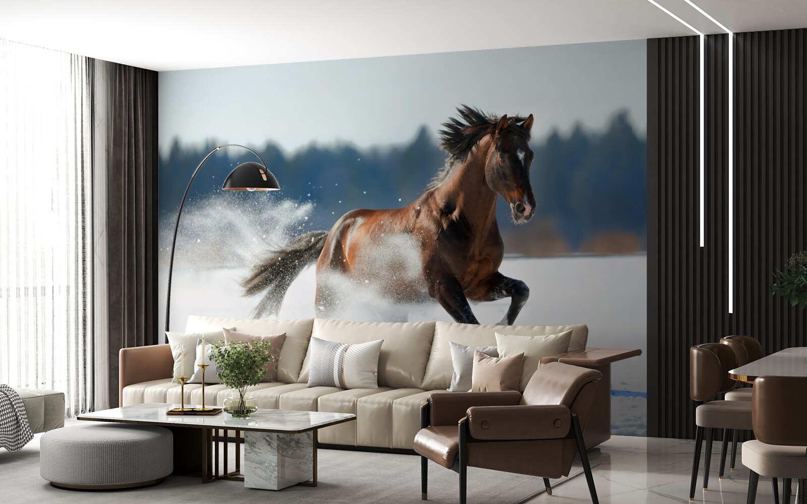 Fotobehang een paard galoppeert door de sneeuw