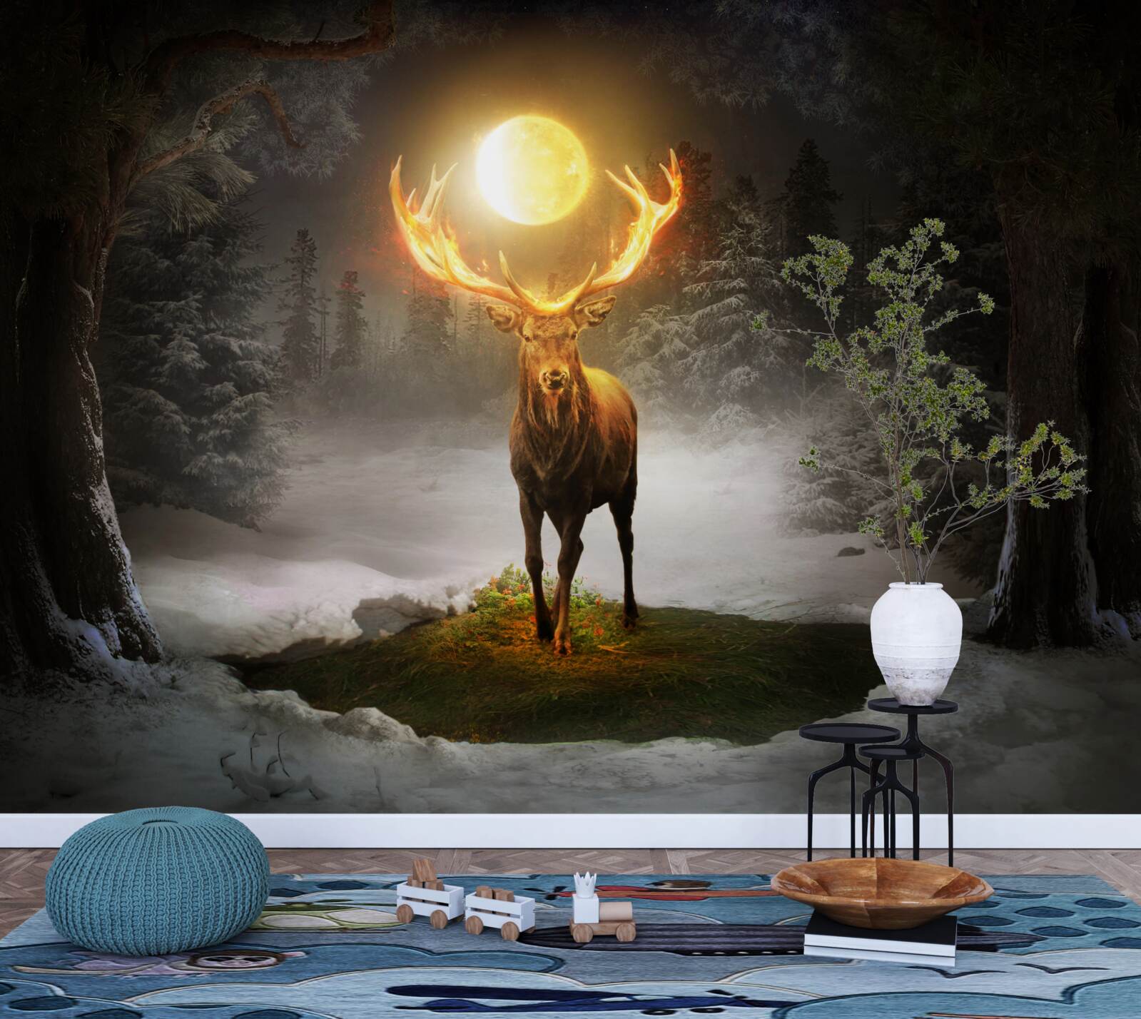 Fotobehang energiek hert en gouden bosgenoot