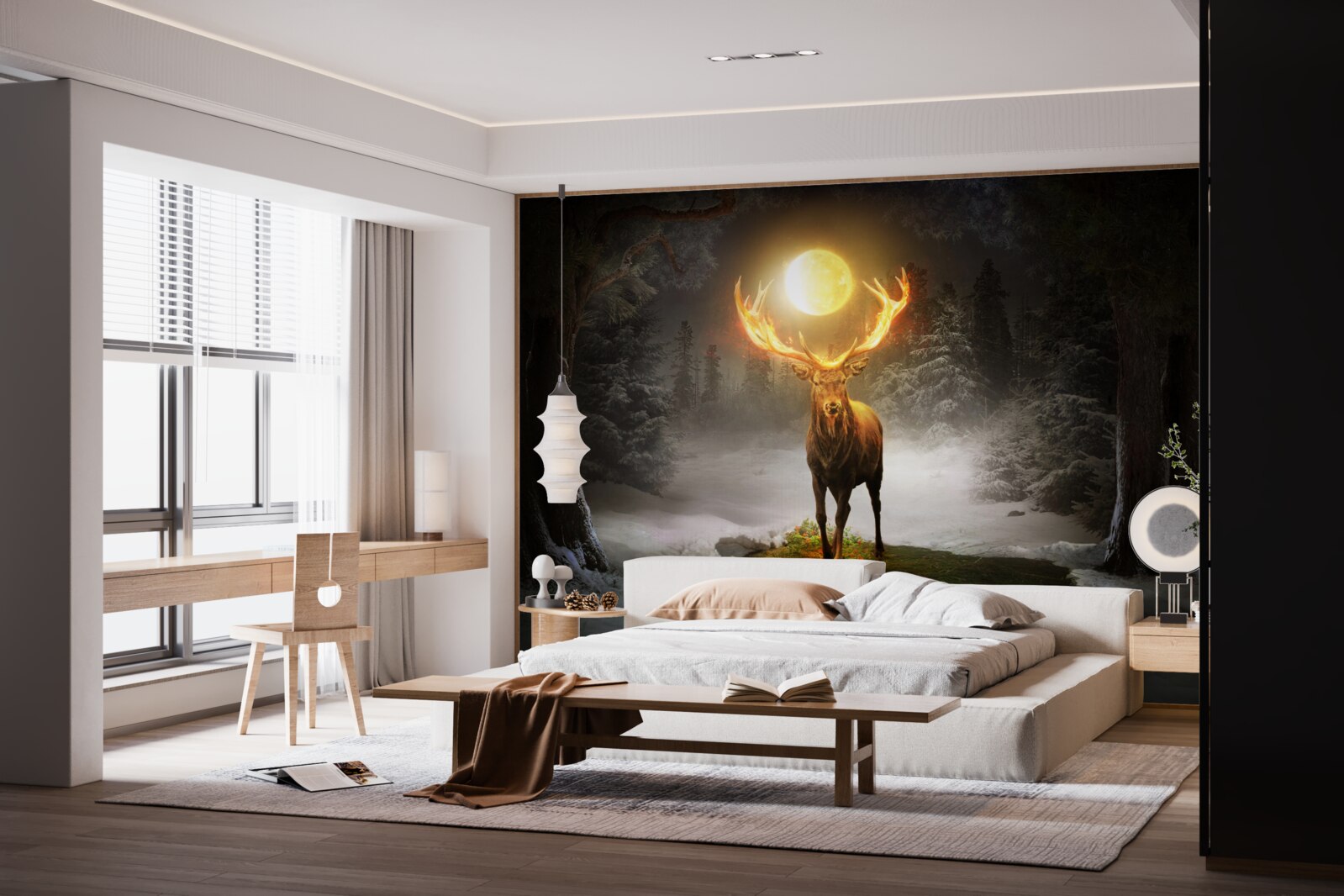 Fotobehang energiek hert en gouden bosgenoot