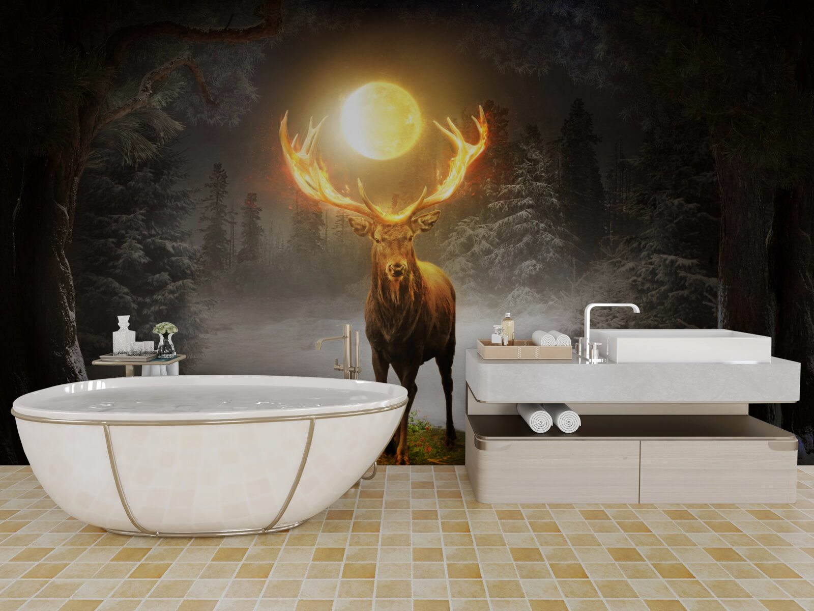 Fotobehang energiek hert en gouden bosgenoot