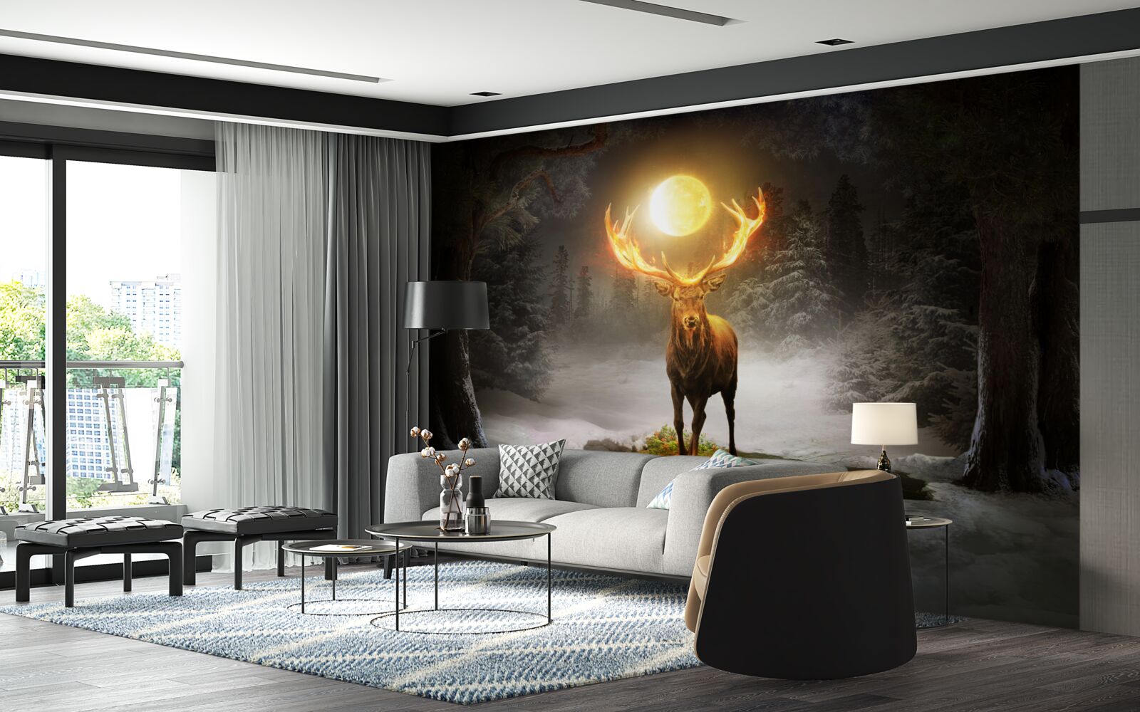 Fotobehang energiek hert en gouden bosgenoot