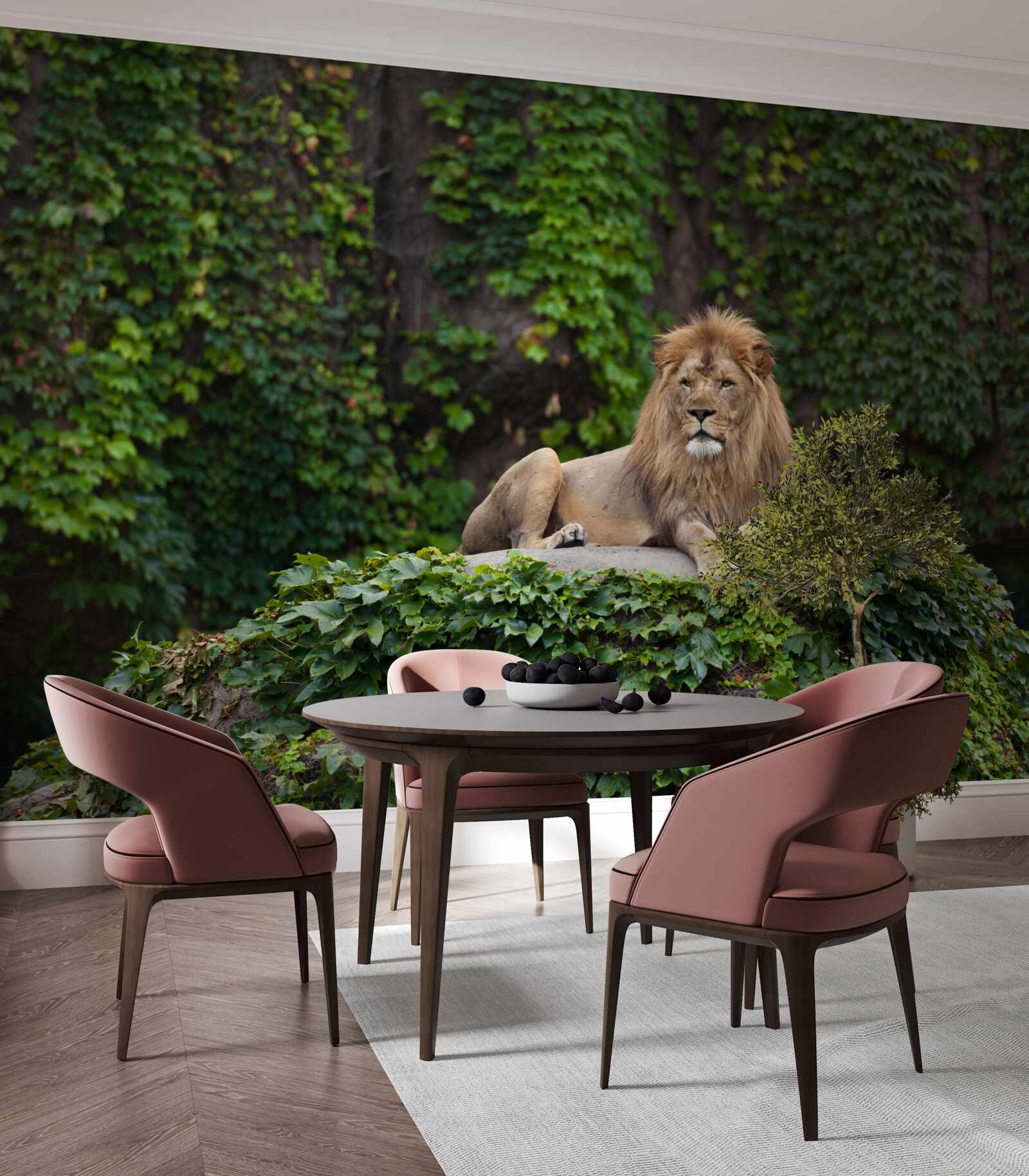 Fotobehang majestueuze leeuw rust op een met mos bedekte steen