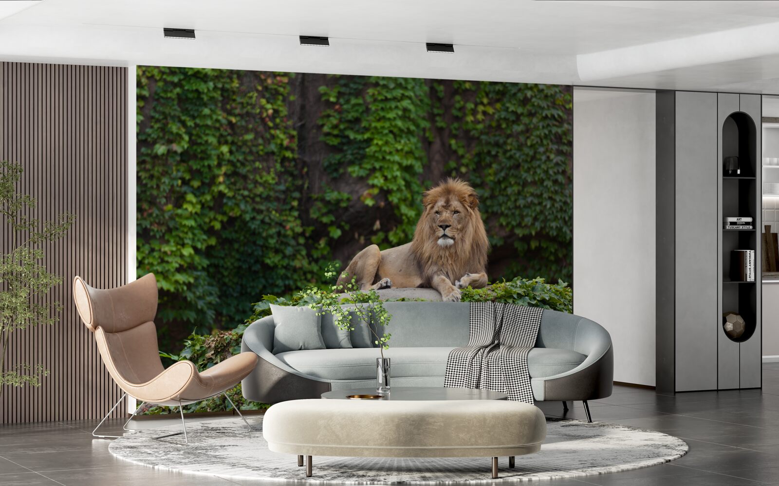 Fotobehang majestueuze leeuw rust op een met mos bedekte steen