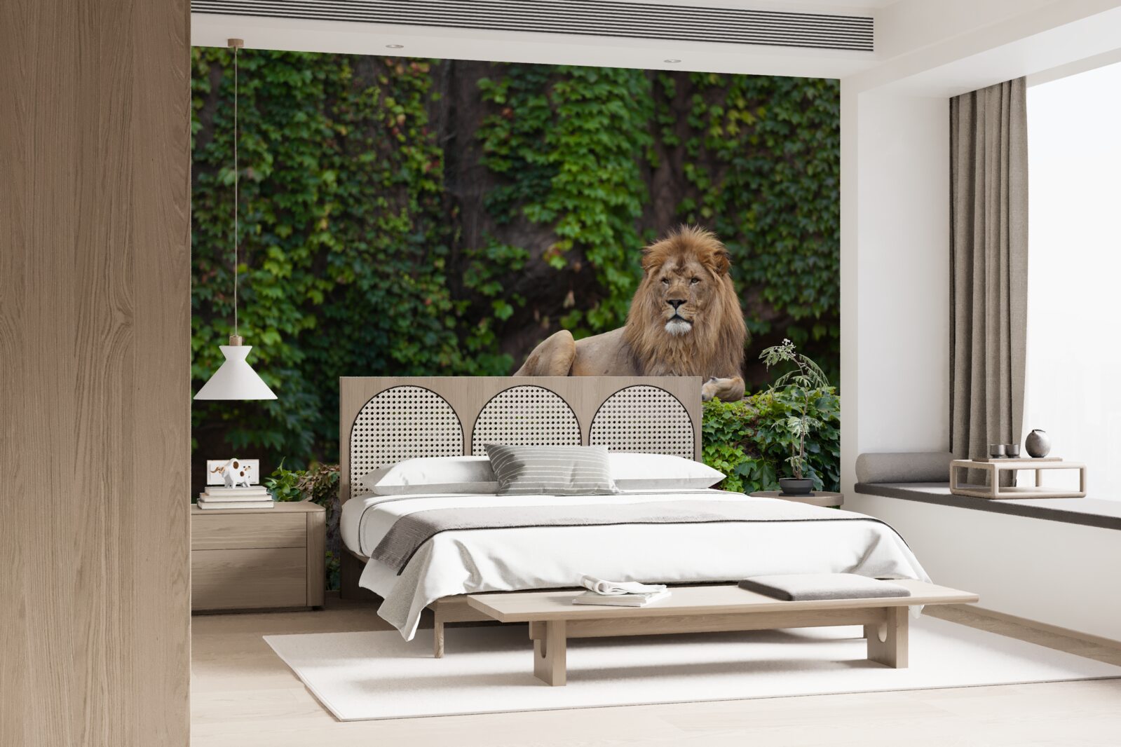 Fotobehang majestueuze leeuw rust op een met mos bedekte steen