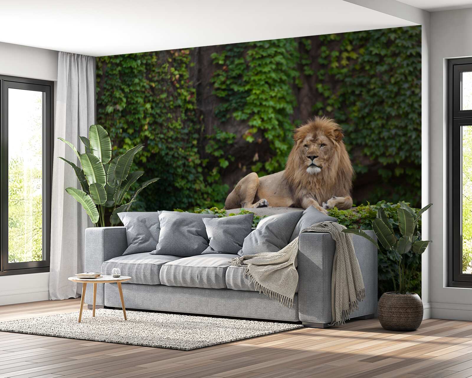 Fotobehang majestueuze leeuw rust op een met mos bedekte steen