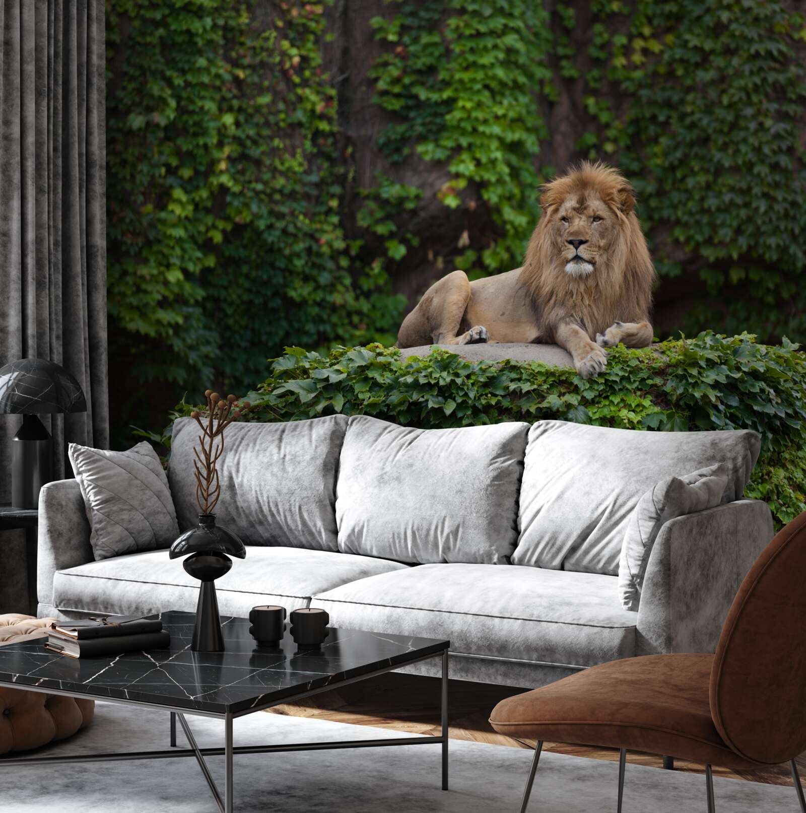 Fotobehang majestueuze leeuw rust op een met mos bedekte steen