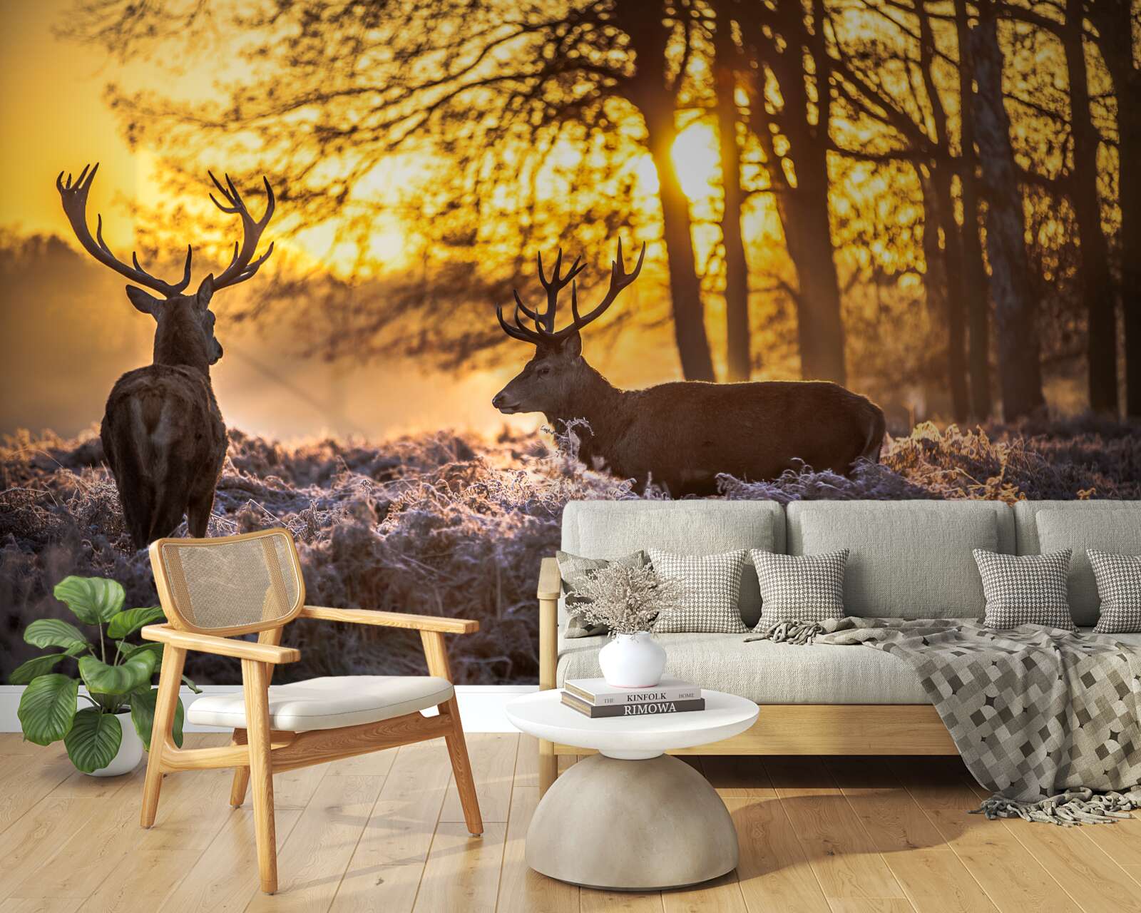 Fotobehang zonsondergang wordt vergezeld door volwassen herten
