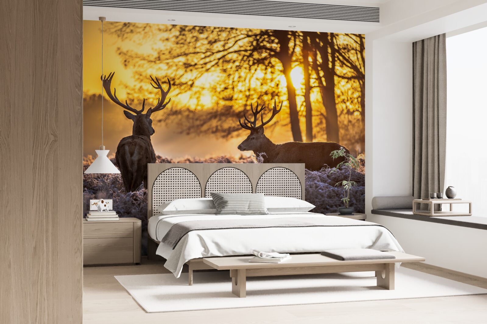 Fotobehang zonsondergang wordt vergezeld door volwassen herten