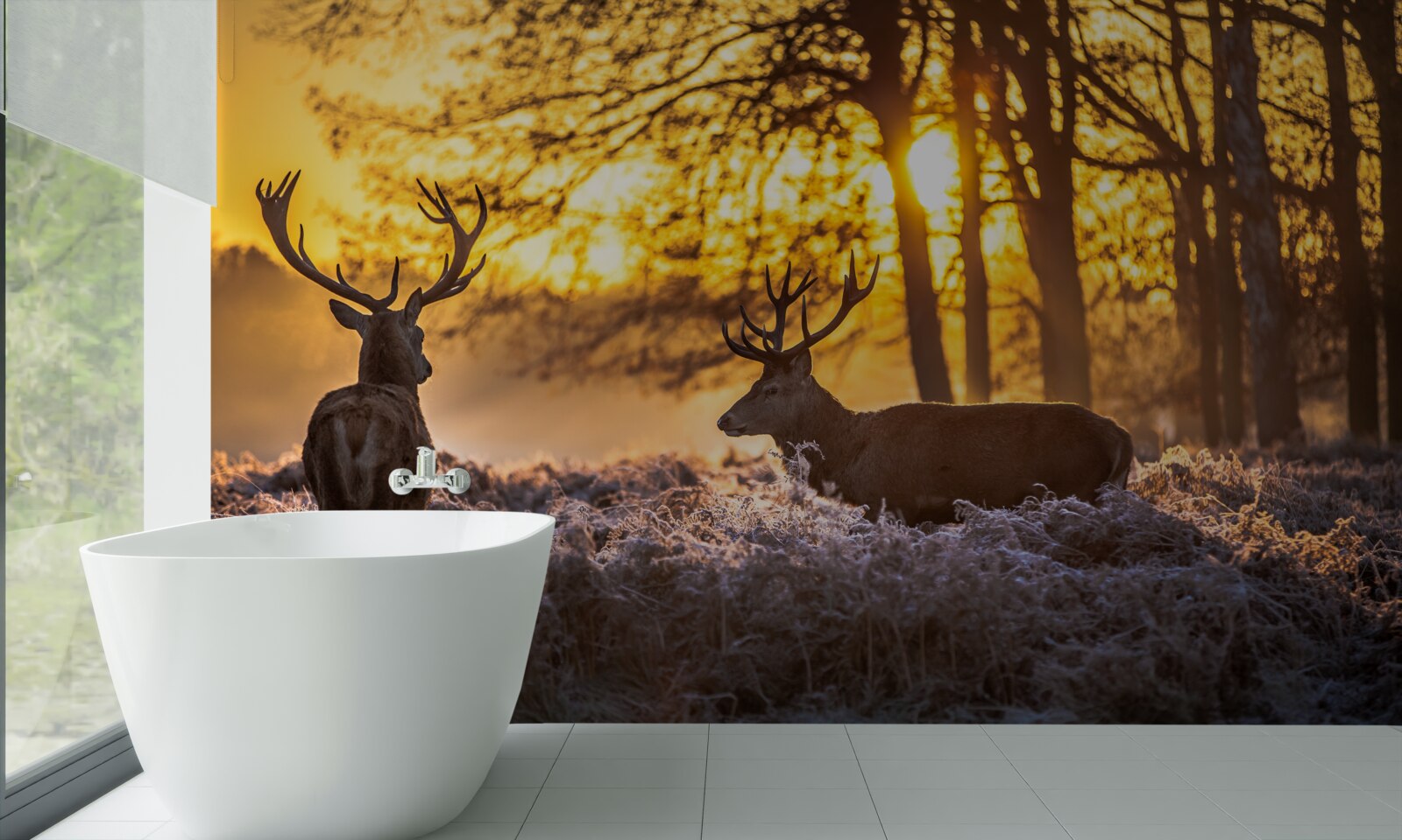Fotobehang zonsondergang wordt vergezeld door volwassen herten