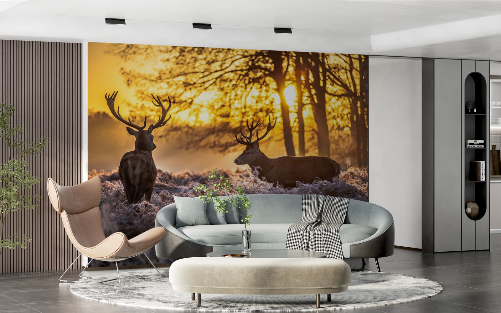 Fotobehang zonsondergang wordt vergezeld door volwassen herten