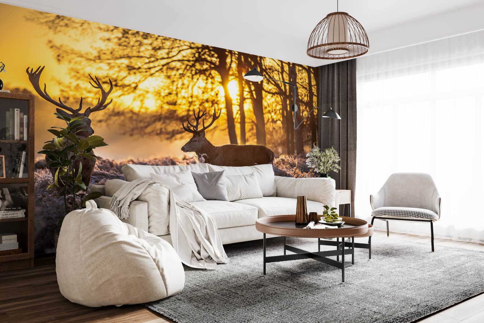 Fotobehang zonsondergang wordt vergezeld door volwassen herten
