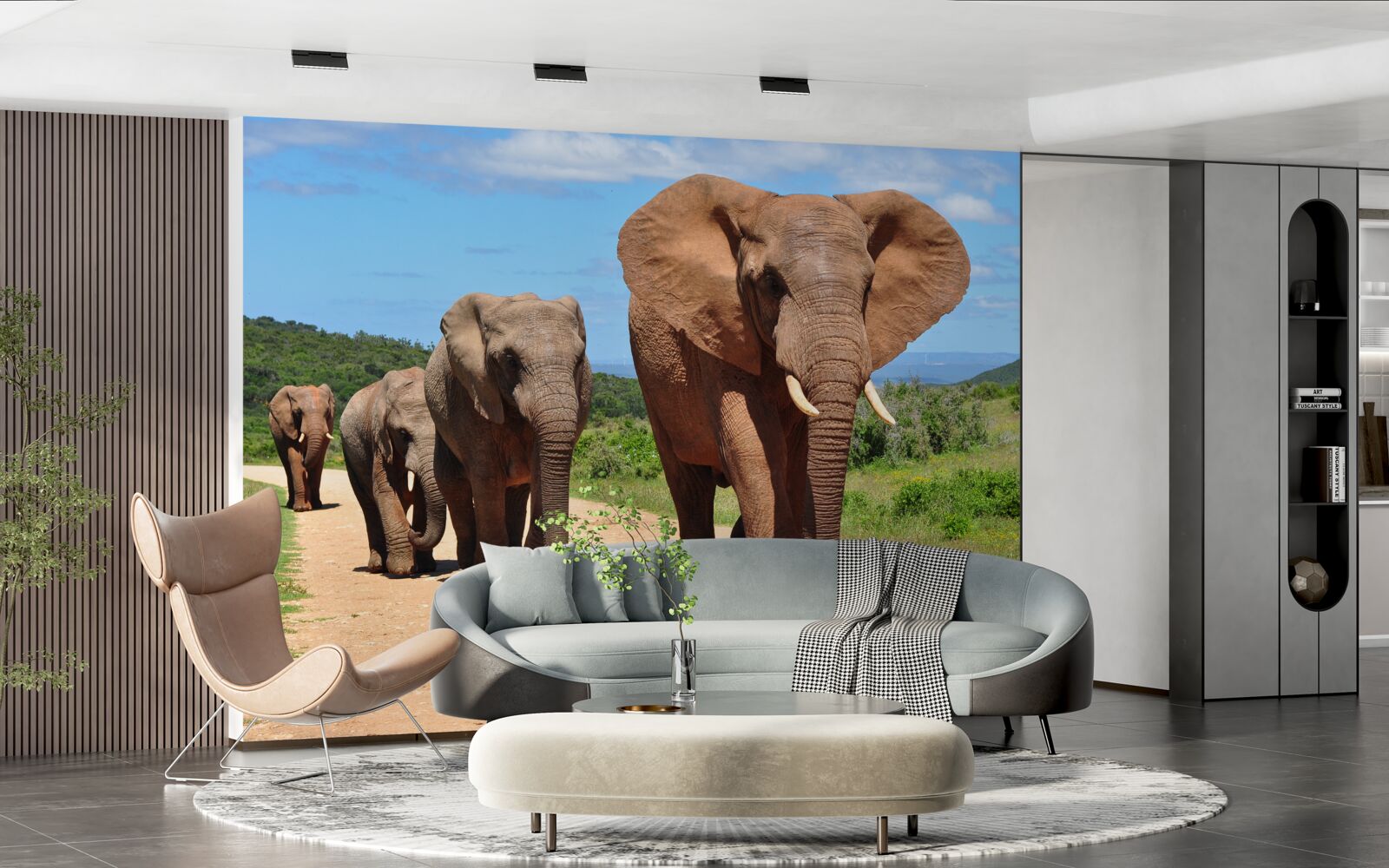 Fotobehang Een groep olifanten keert terug naar huis over een zanderig terrein