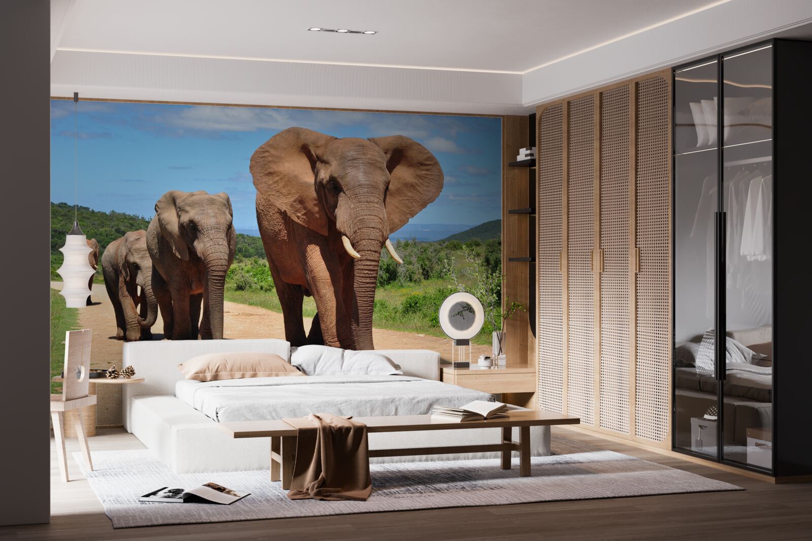 Fotobehang Een groep olifanten keert terug naar huis over een zanderig terrein