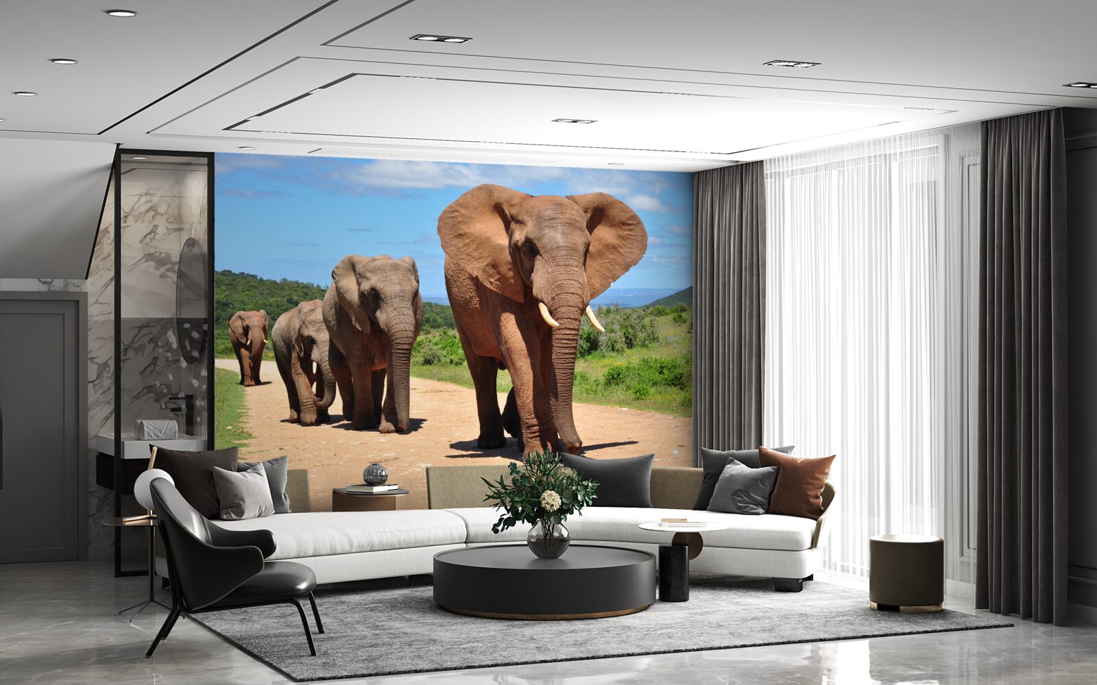 Fotobehang Een groep olifanten keert terug naar huis over een zanderig terrein