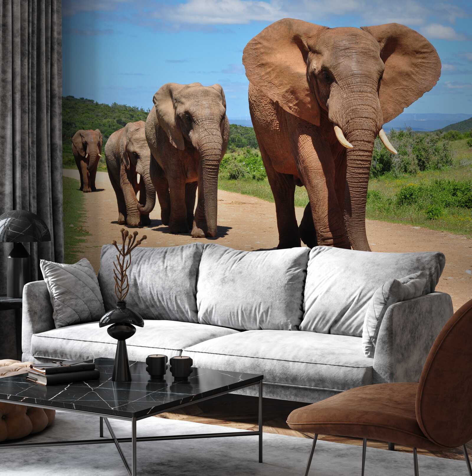 Fotobehang Een groep olifanten keert terug naar huis over een zanderig terrein