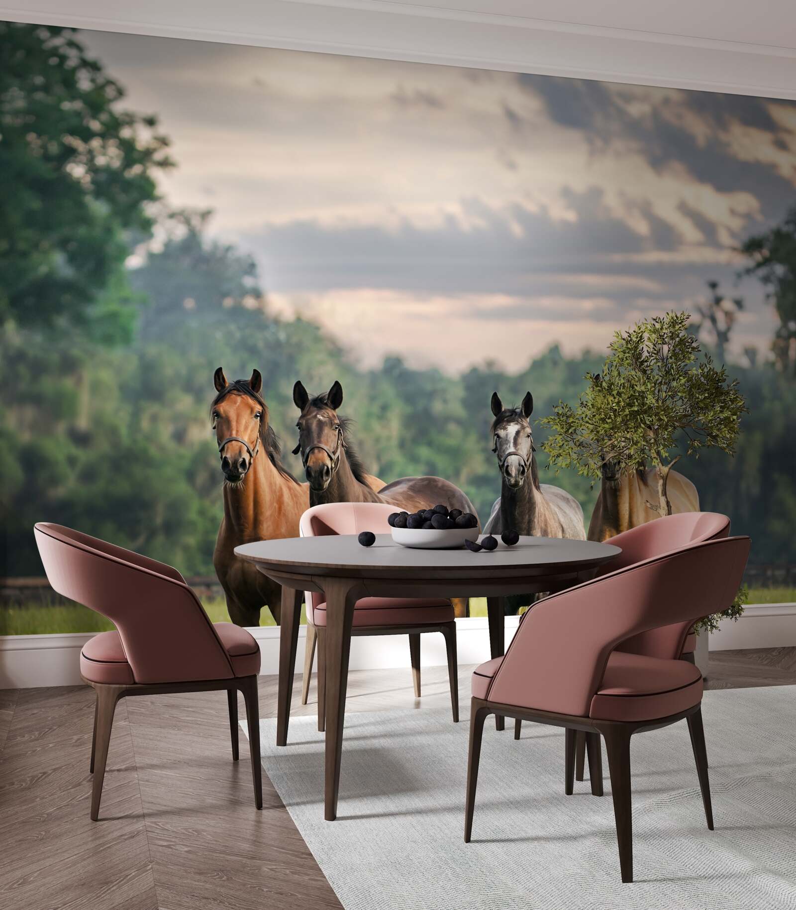 Fotobehang vier paarden rustend in een kudde in een weiland