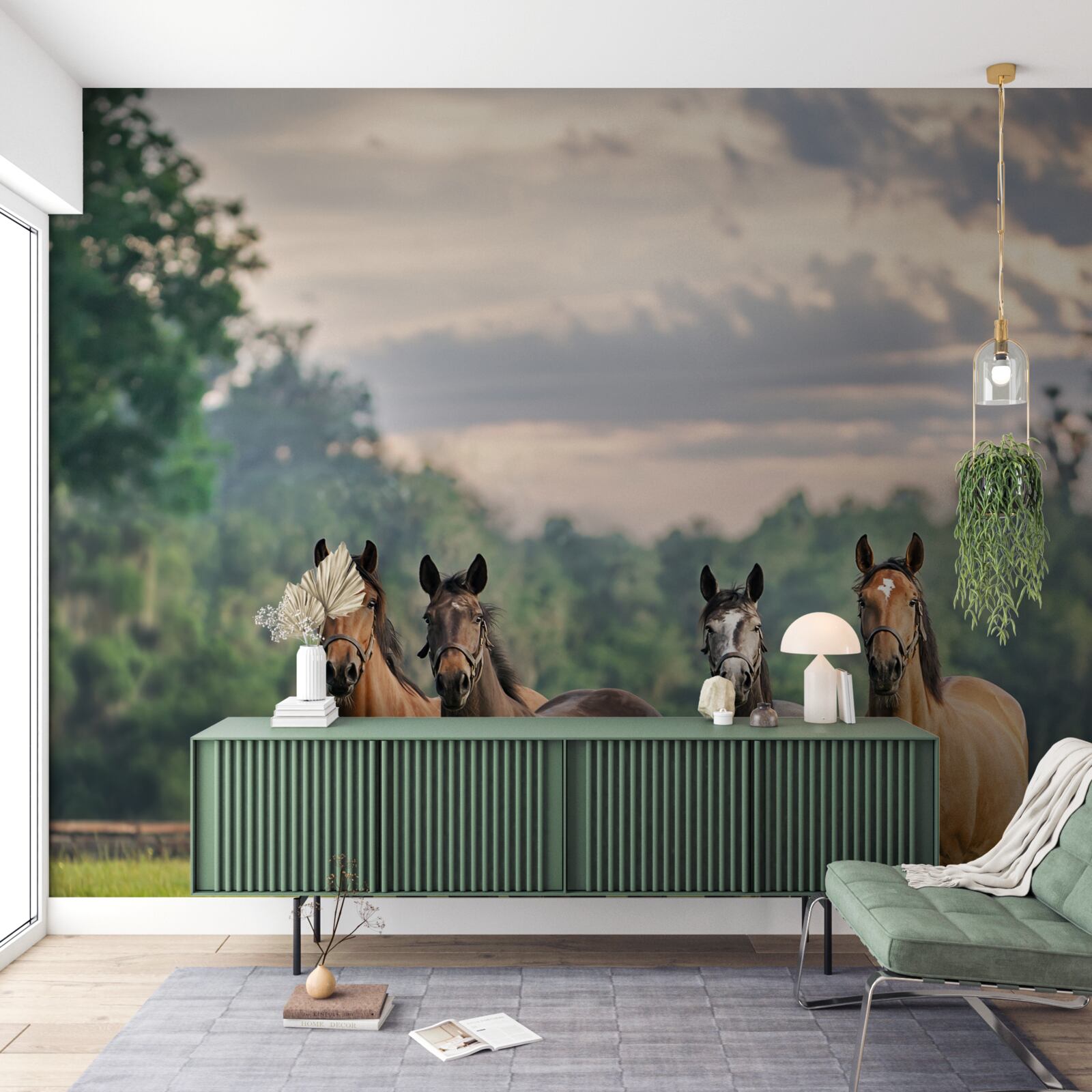 Fotobehang vier paarden rustend in een kudde in een weiland