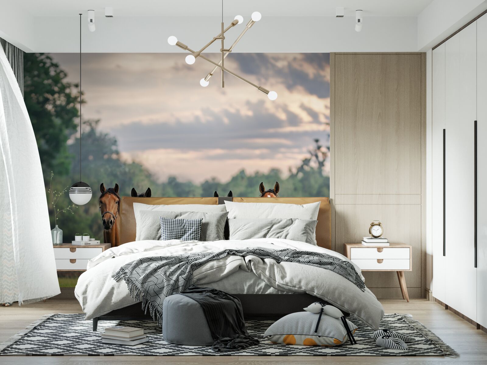 Fotobehang vier paarden rustend in een kudde in een weiland