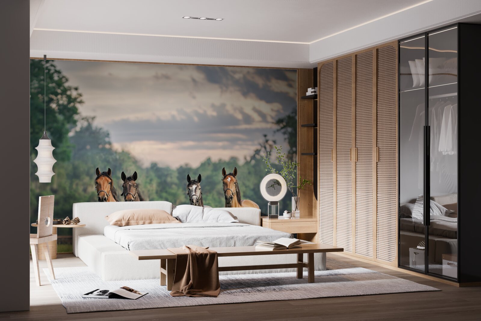 Fotobehang vier paarden rustend in een kudde in een weiland