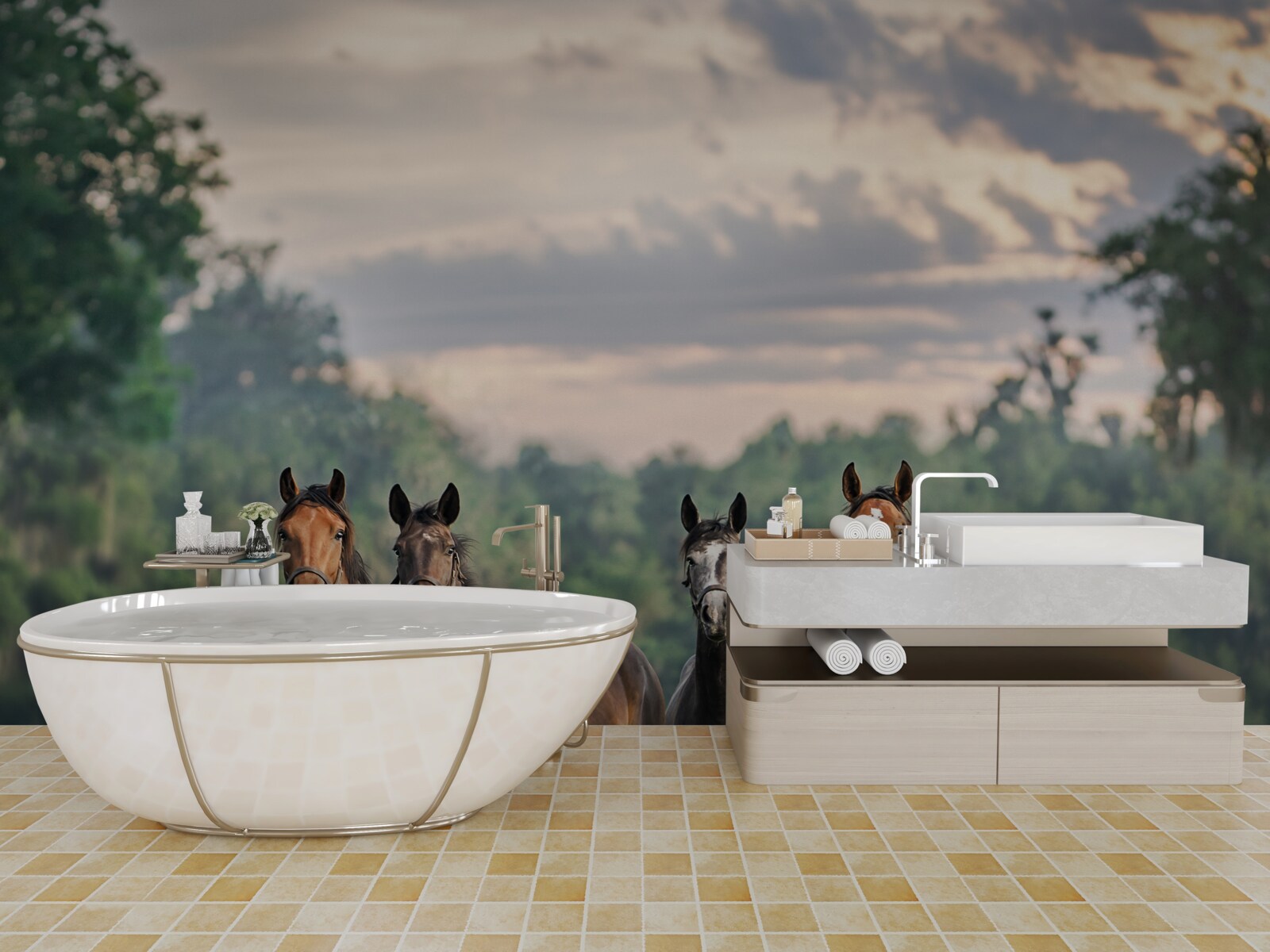 Fotobehang vier paarden rustend in een kudde in een weiland